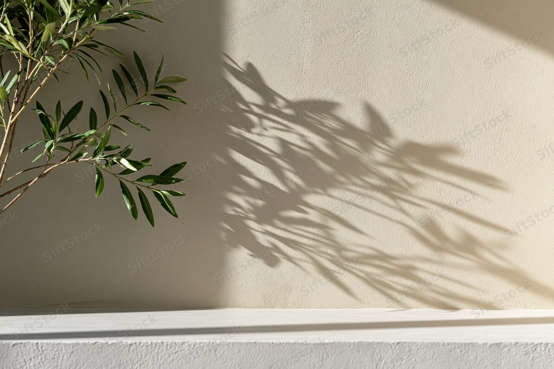 Slender green plant branches casting shadows on a beige wall in natural sunlight