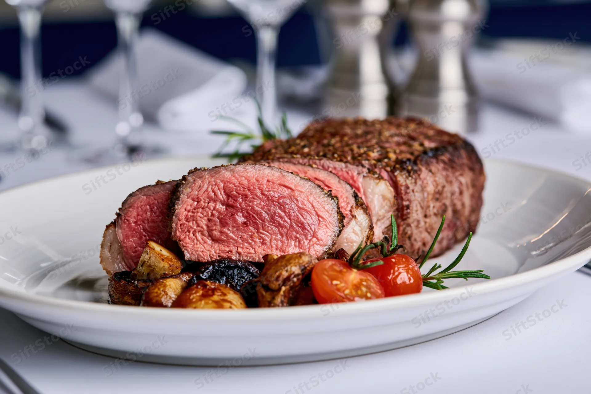 Sliced medium-rare beef steak with roasted potatoes and cherry tomatoes on a white ceramic plate