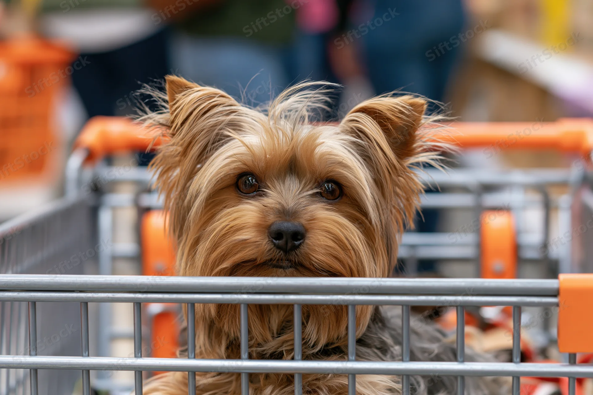 Small yorkshire terrier sitting inside metal shopping cart in supermarket aisle