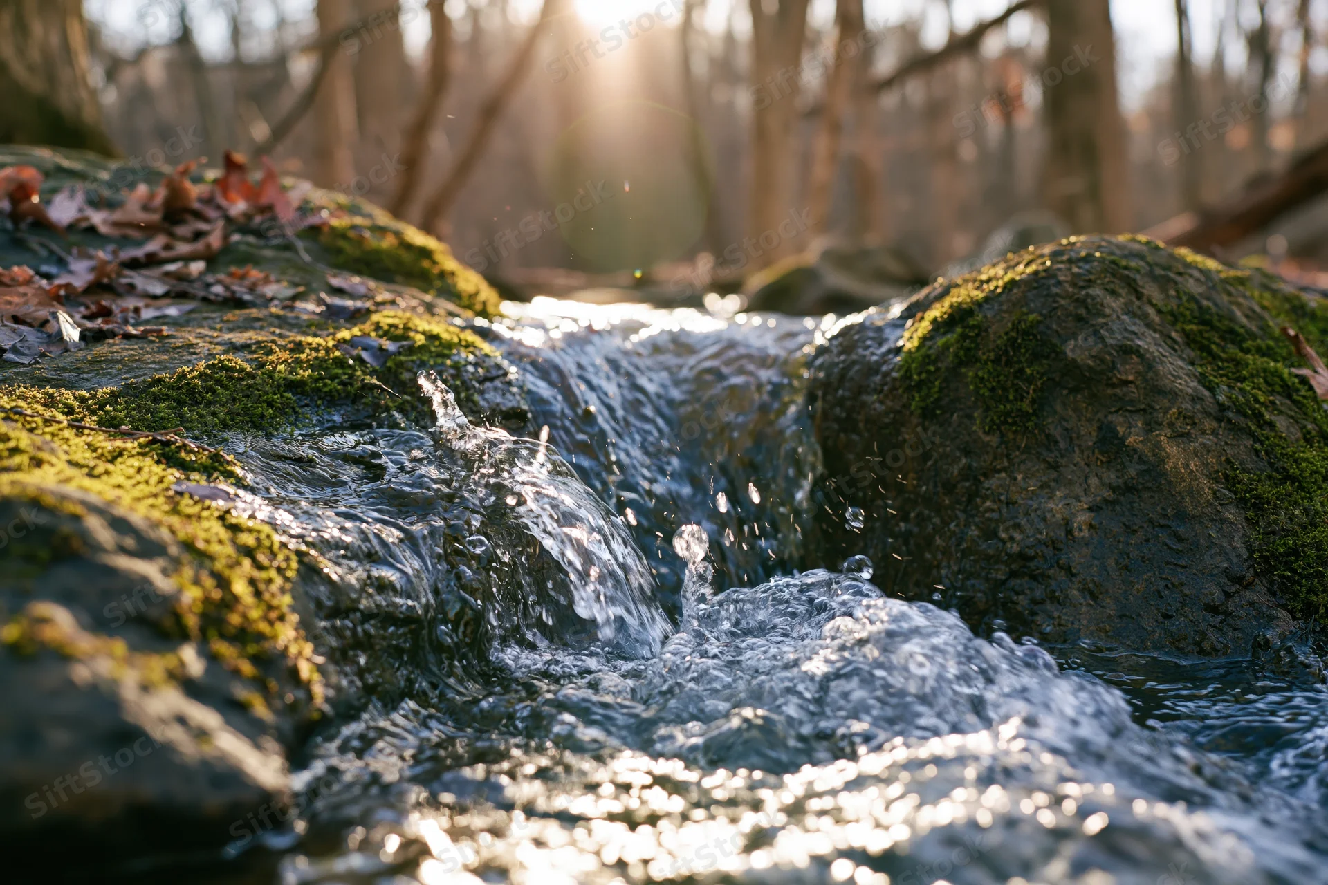 Water flowing between moss-covered rocks in a forest stream at sunrise
