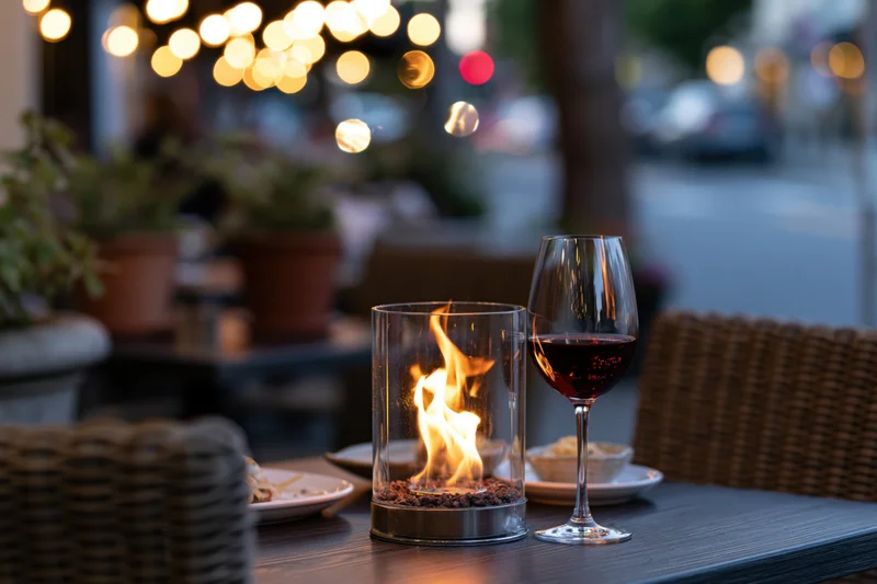 Glass-enclosed tabletop fire burning beside a wine glass on a restaurant patio table at evening