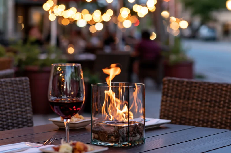Glass-enclosed fire burning on a restaurant patio table with wine and dinnerware at dusk