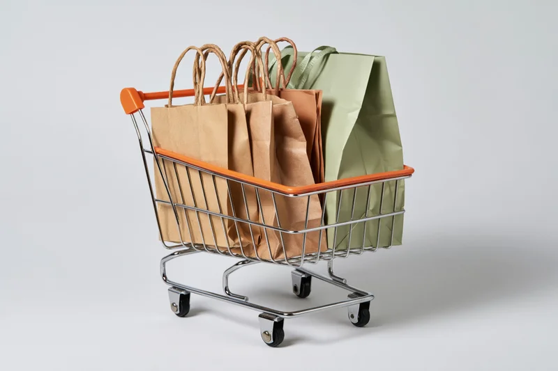 Small metal shopping cart filled with paper bags on white background