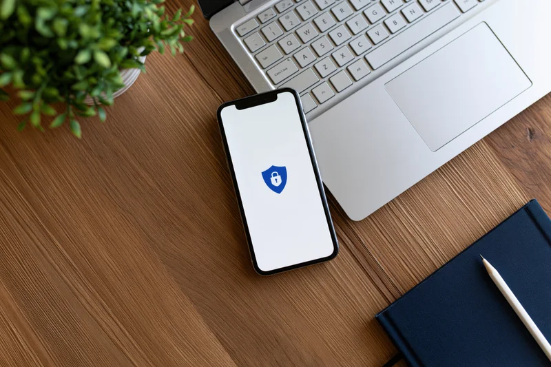 Smartphone displaying security icon on white screen beside laptop on wooden desk