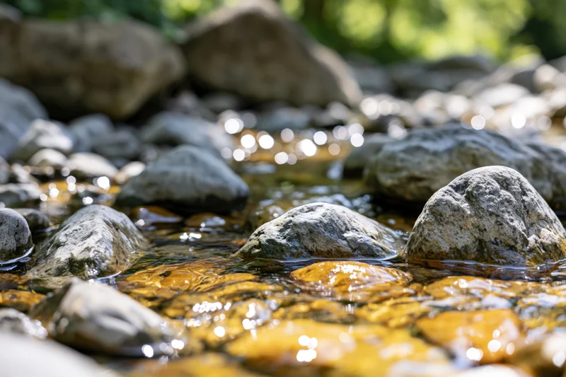 Clear shallow stream flowing over smooth river pebbles in a forest setting