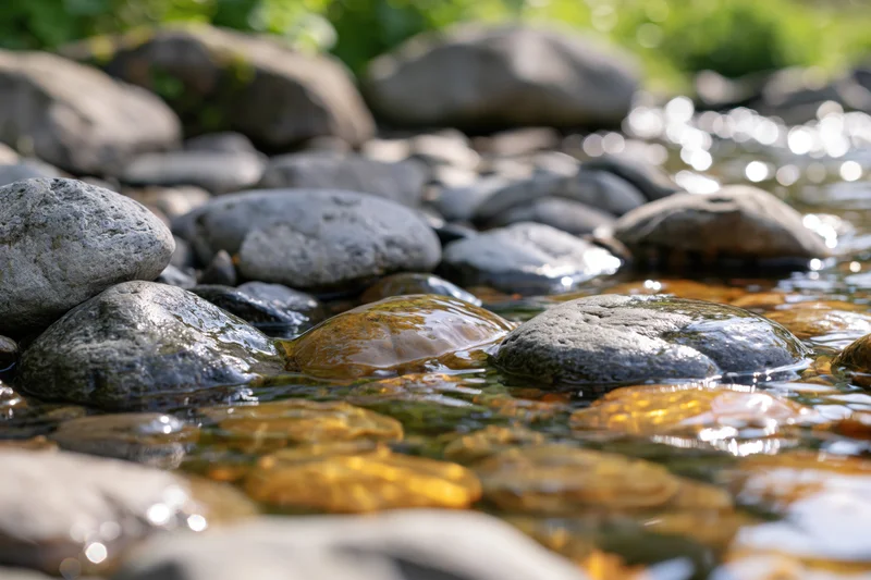 Smooth river pebbles half-submerged in shallow clear stream with sunlight reflecting on water surface