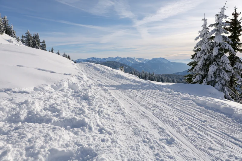 Groomed ski trail winding through snow-covered alpine landscape with evergreen trees and distant mountains under clear blue sky