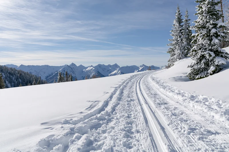 Groomed ski trail winding through snow-covered alpine landscape with evergreen trees and distant mountains under blue sky