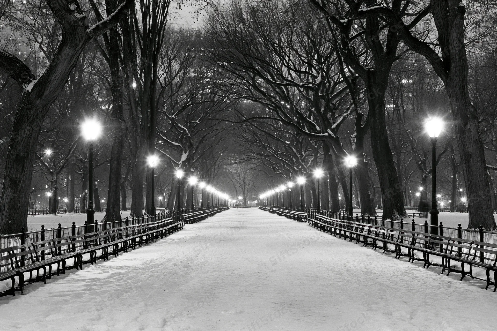 Snow-covered pathway lined with bare trees and benches in central park at night