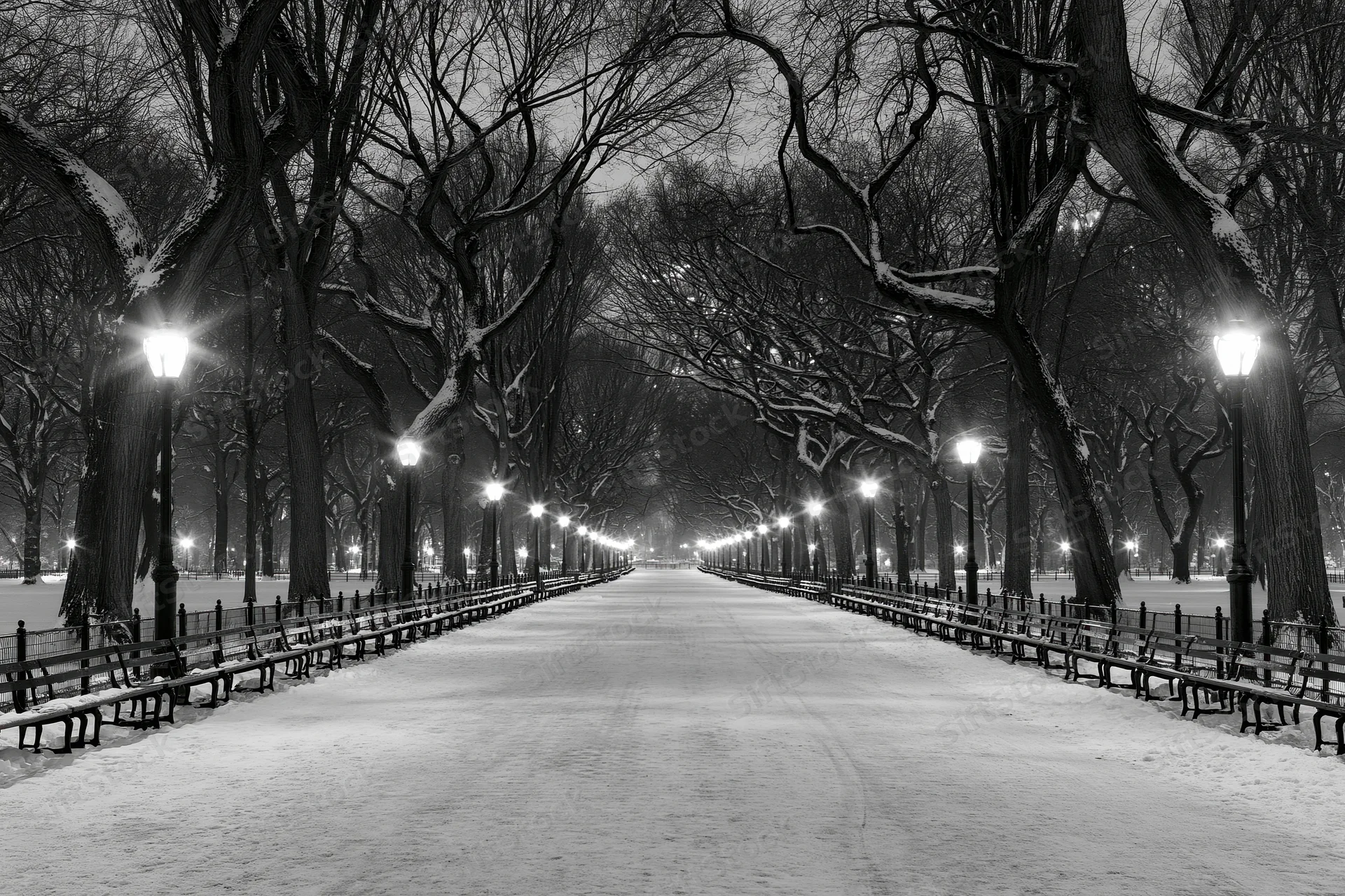 Snow-covered pathway lined with bare trees and benches in central park at night