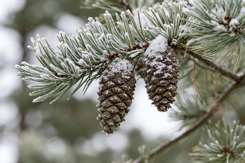 Snow-dusted pine branch with two frost-covered pinecones hanging in winter forest