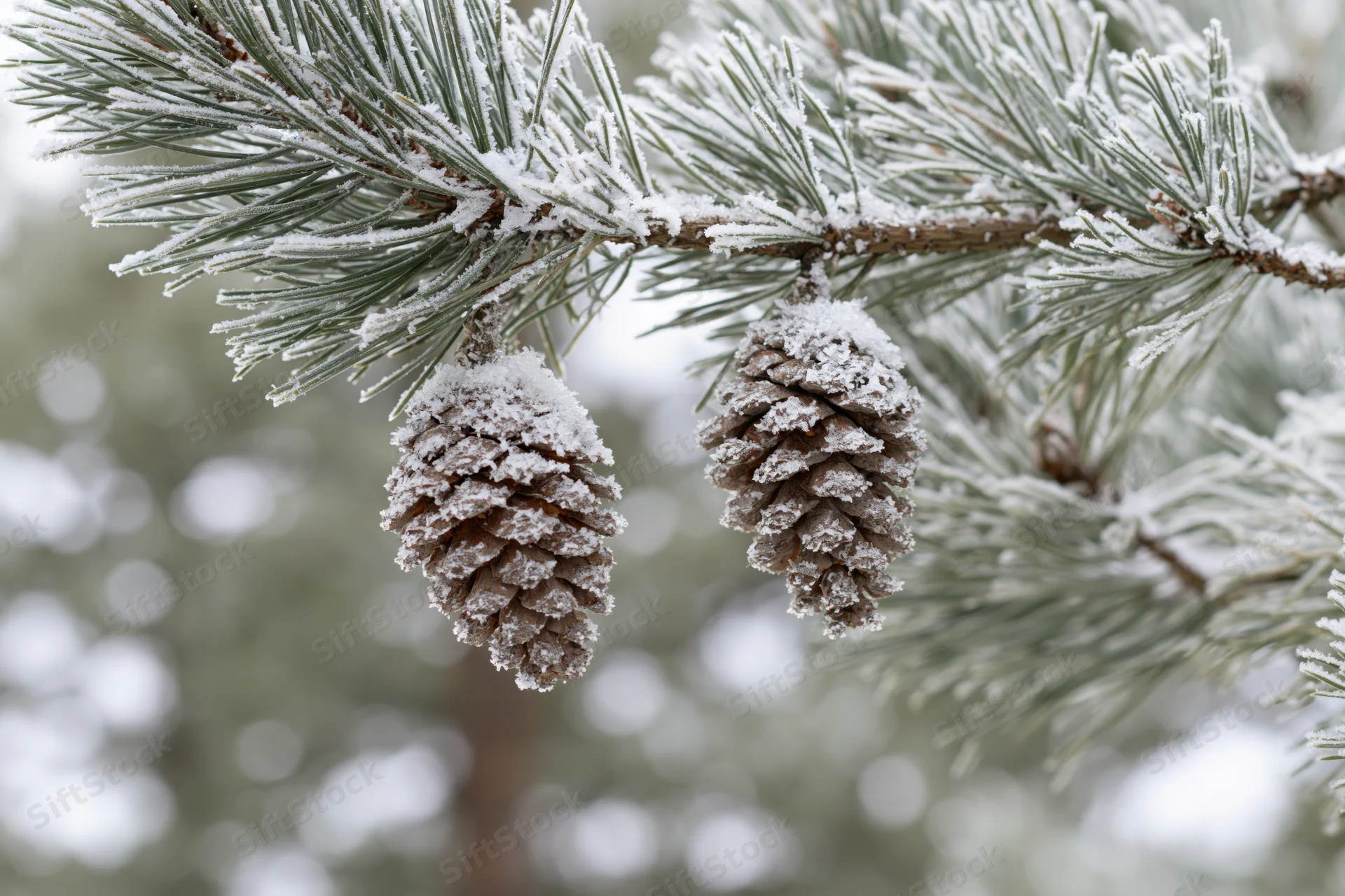 Snow-dusted pine branch with two frost-covered pinecones hanging in winter forest