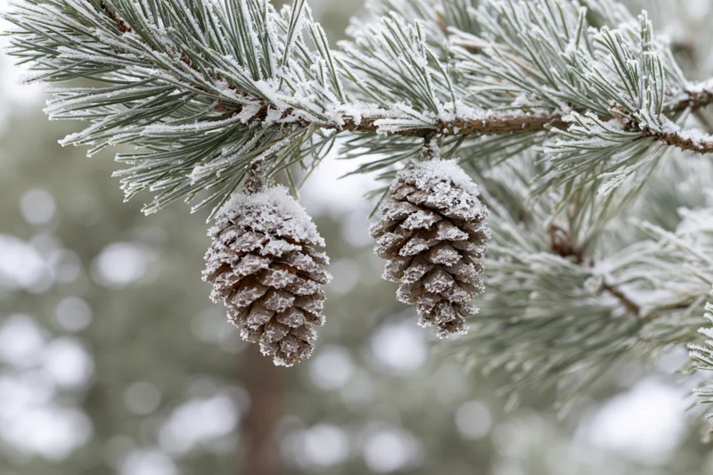 Snow-dusted pine branch with two frost-covered pinecones hanging in winter forest