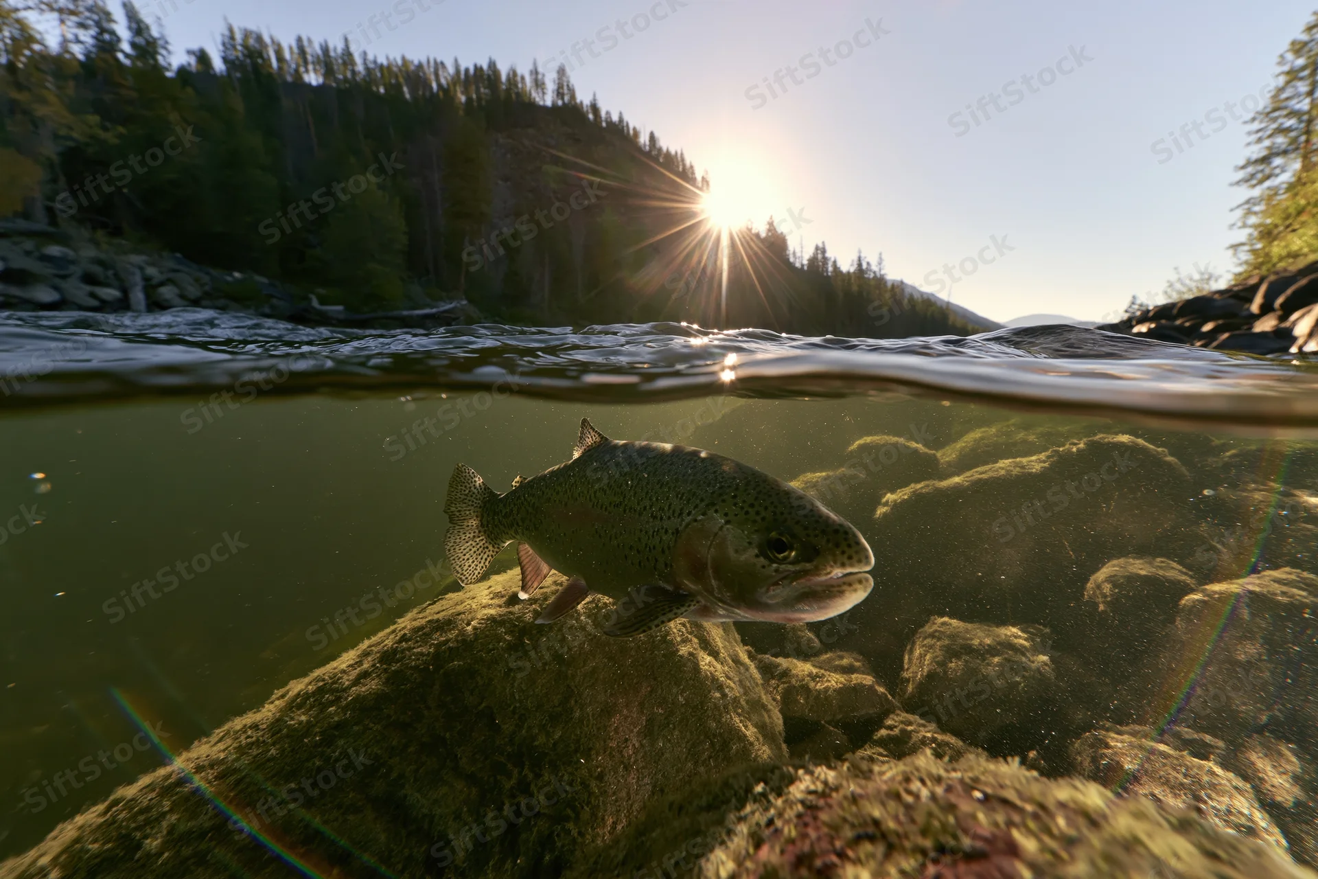 Rainbow trout swimming underwater near rocks in a river with sunlight shining through the surface and forested mountains in the background