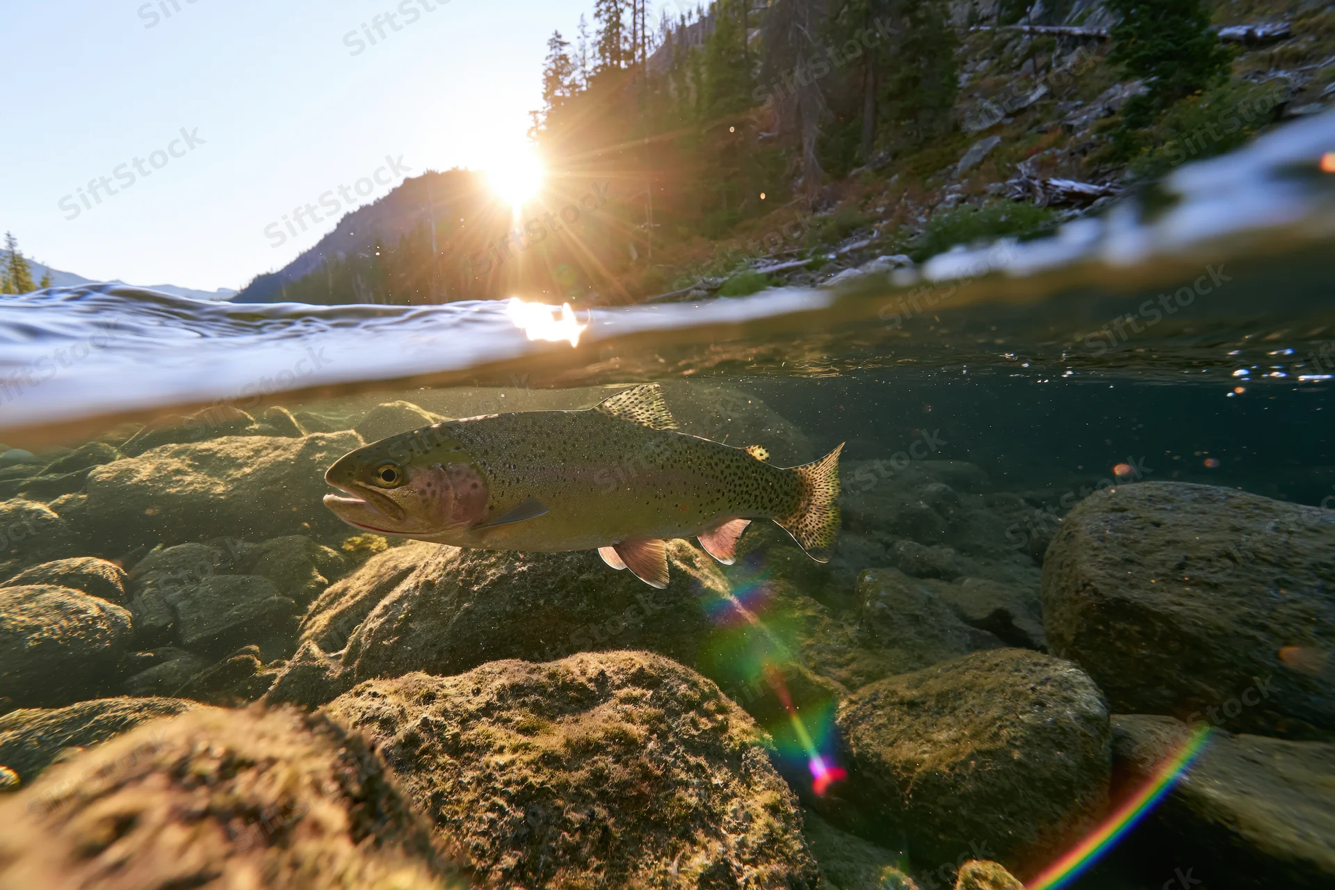 Rainbow trout swimming underwater in a mountain river with sunlight shining through the surface