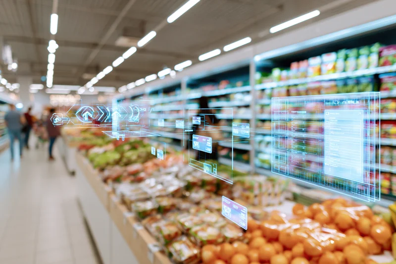 Supermarket aisle with digital holographic interface hovering above produce shelves