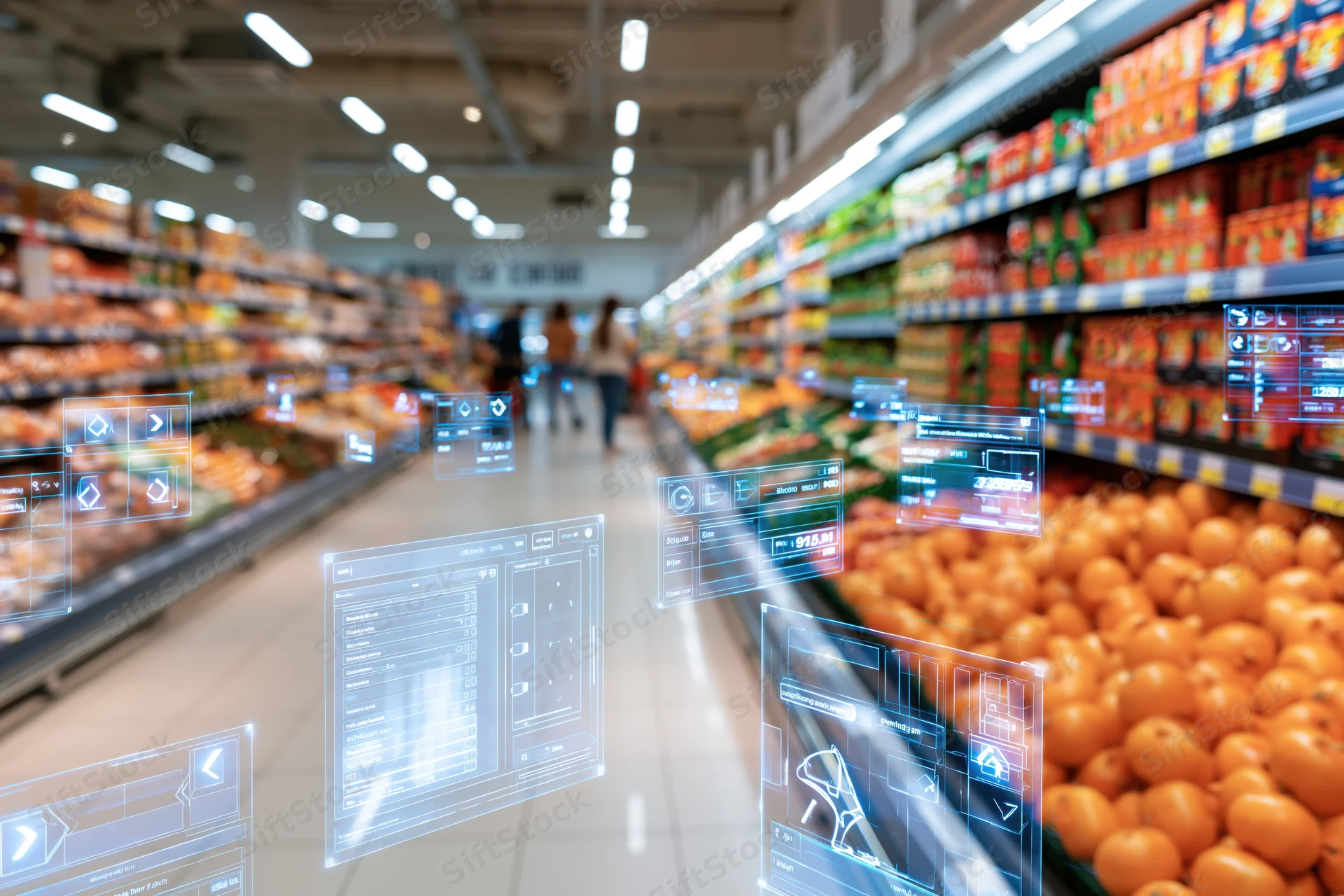 Supermarket aisle with floating digital displays showing product data and navigation information