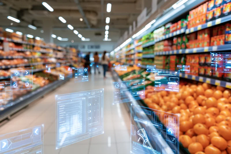 Supermarket aisle with floating digital displays showing product data and navigation information