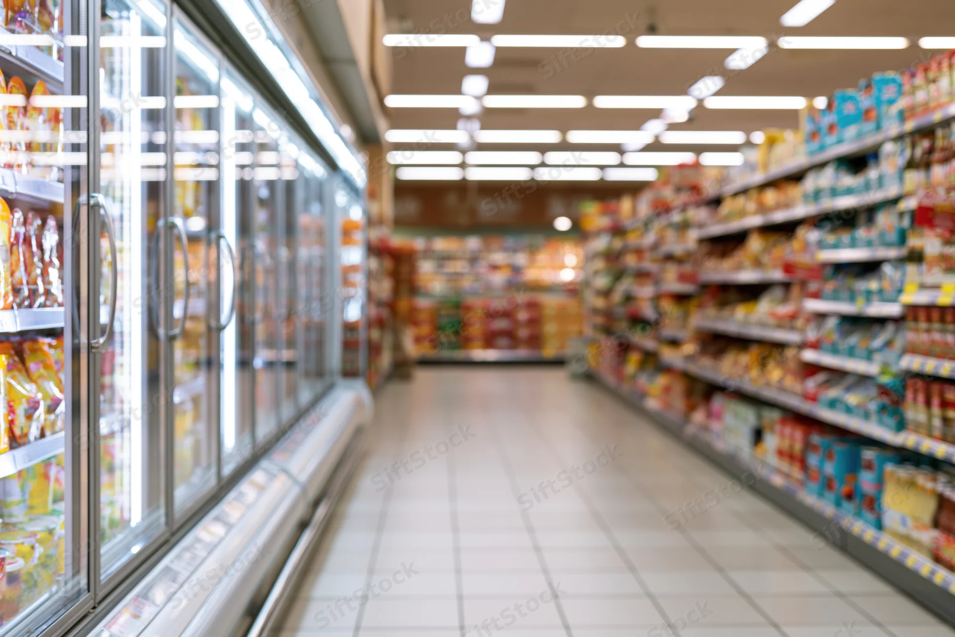 Supermarket aisle with refrigerated display on left and shelves of packaged goods on right, viewed from low angle