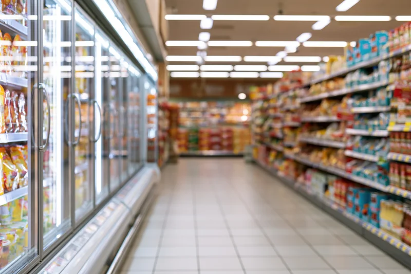 Supermarket aisle with refrigerated display on left and shelves of packaged goods on right, viewed from low angle
