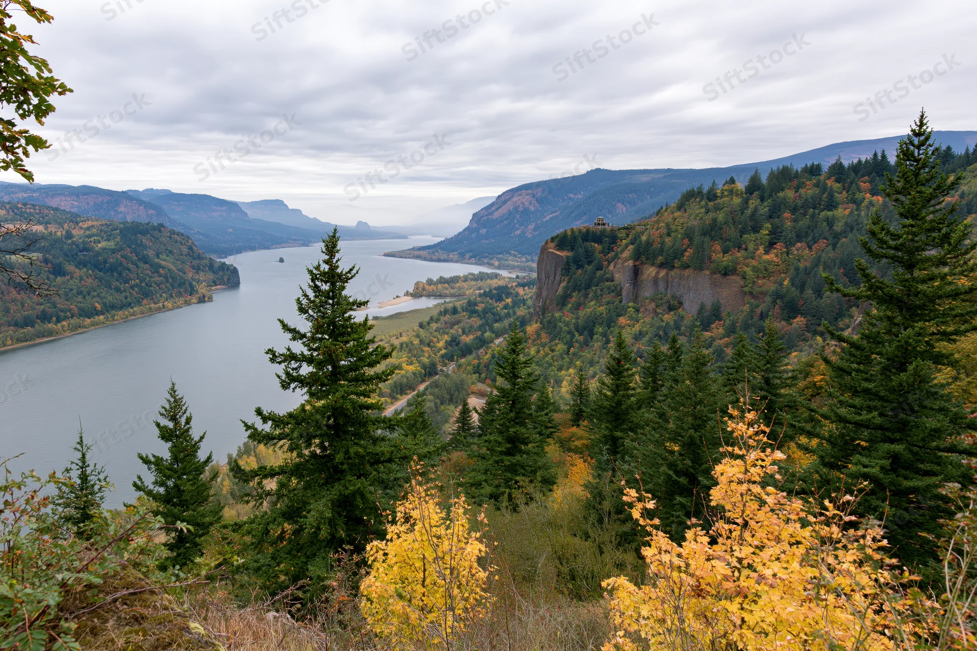 Wide-angle view of a river gorge in autumn surrounded by forested mountains and colorful foliage