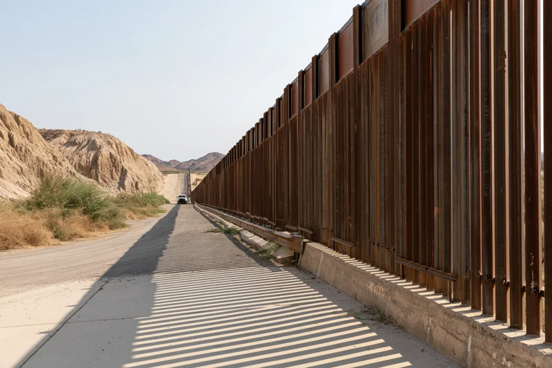 Tall steel border barrier with vertical bollards along a desert road under clear sky