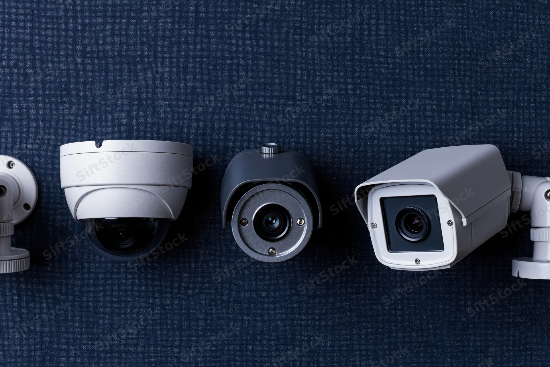 Three cctv security cameras mounted in a row on a dark blue wall