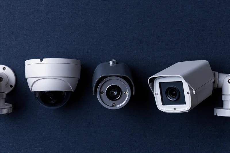 Three cctv security cameras mounted in a row on a dark blue wall
