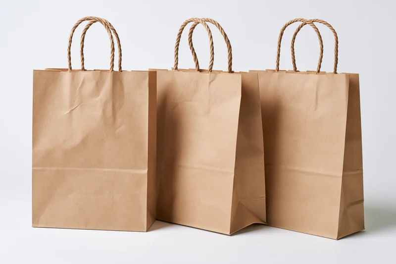 Three brown kraft paper shopping bags arranged in a row on a white background