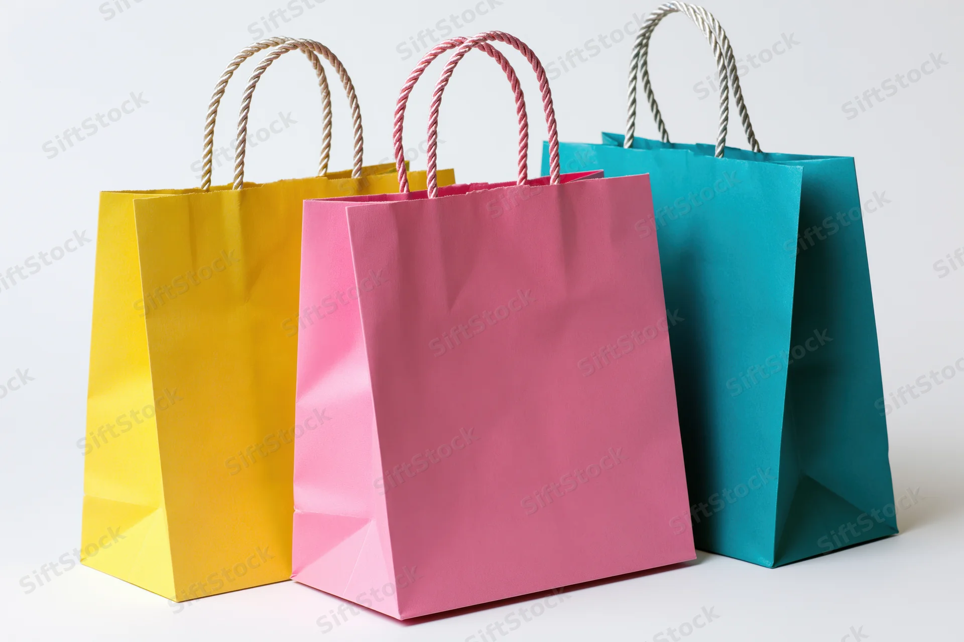 Three colorful paper shopping bags grouped together on white background
