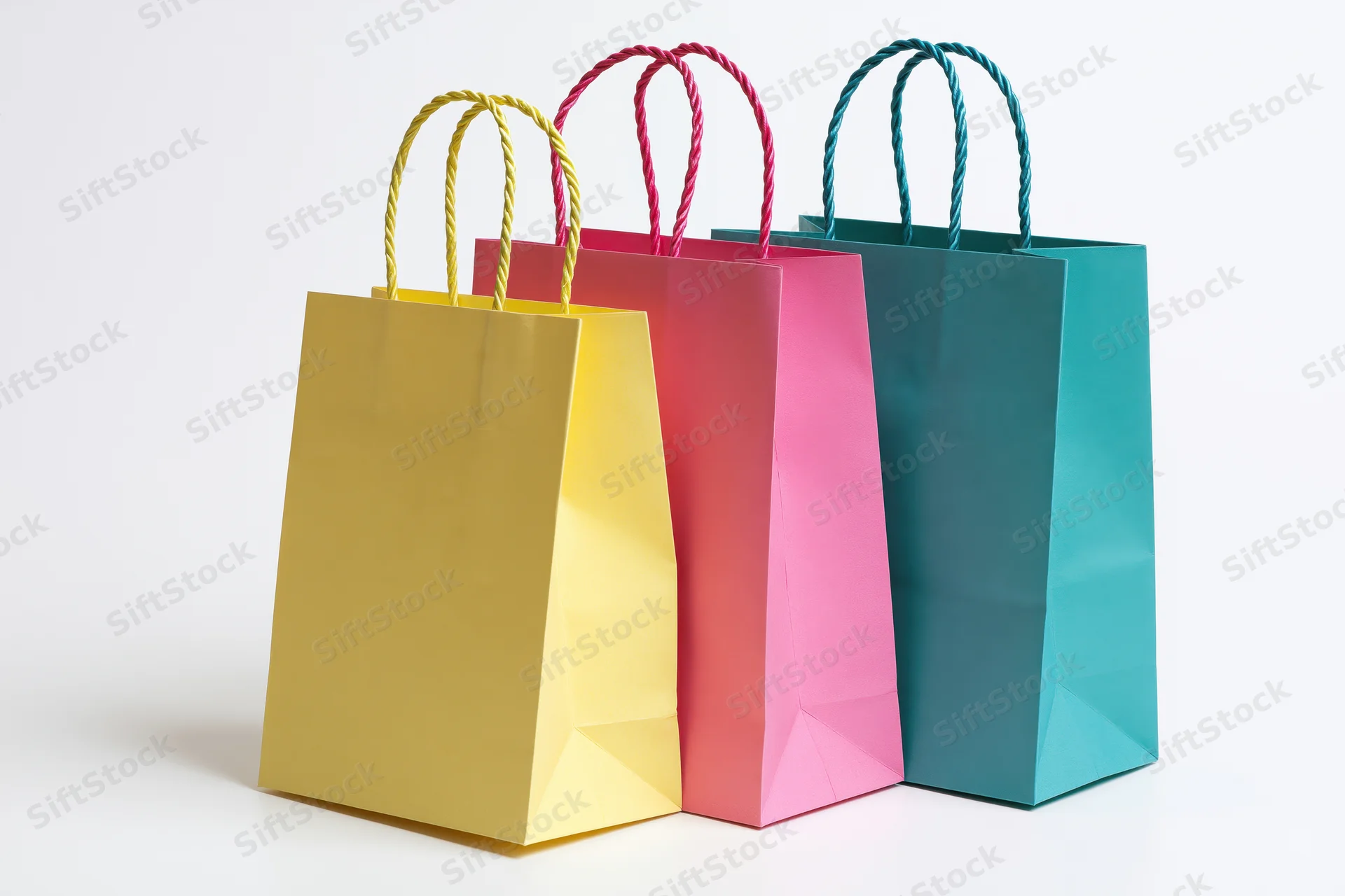 Three colorful paper shopping bags grouped together on white background