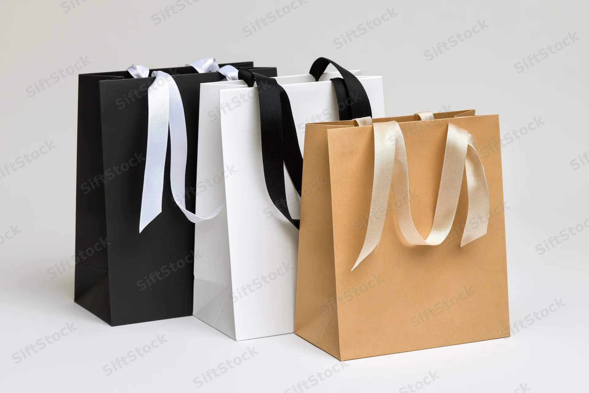 Three paper shopping bags arranged together on a plain white surface
