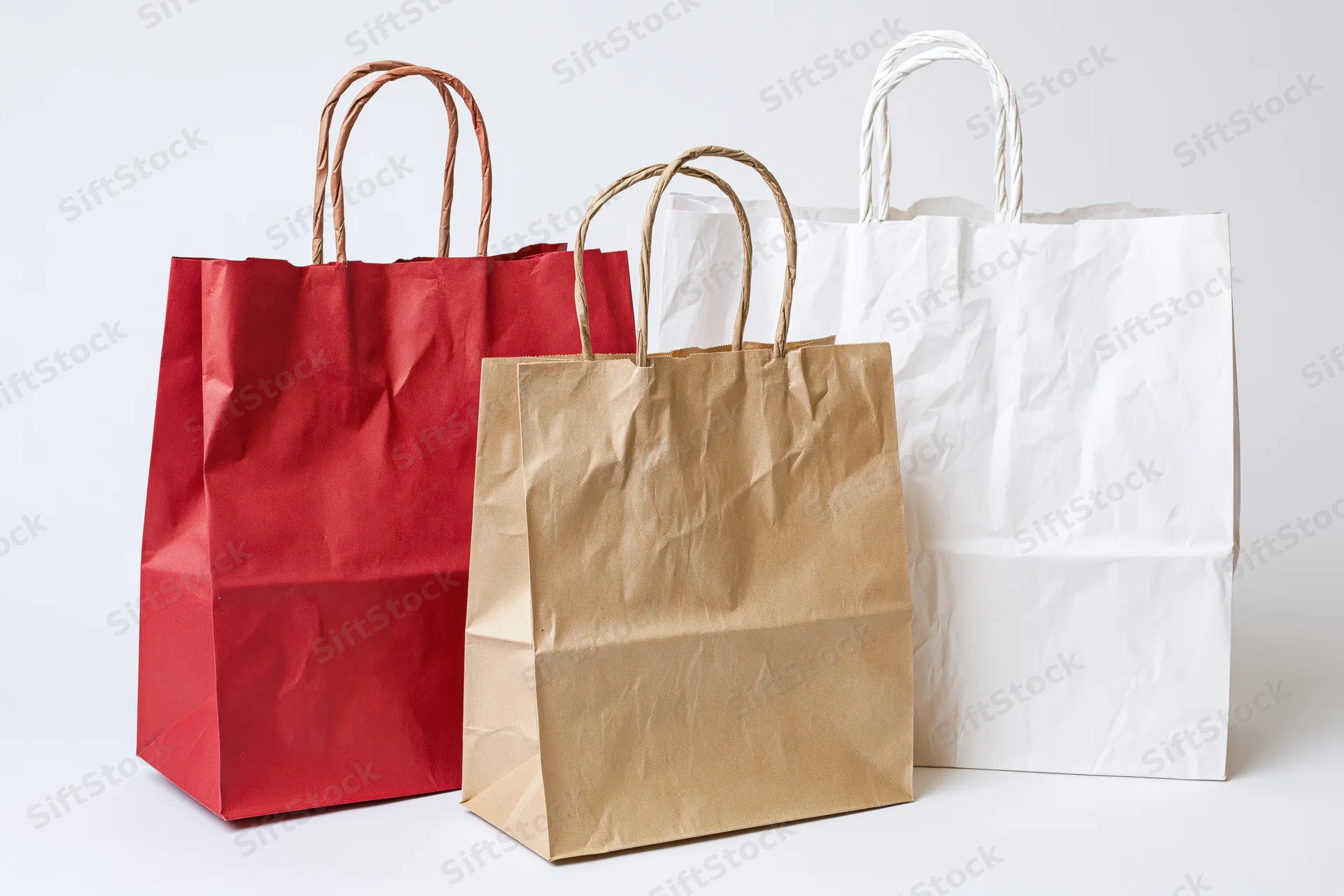 Three paper shopping bags in red, brown and white arranged together on a white background