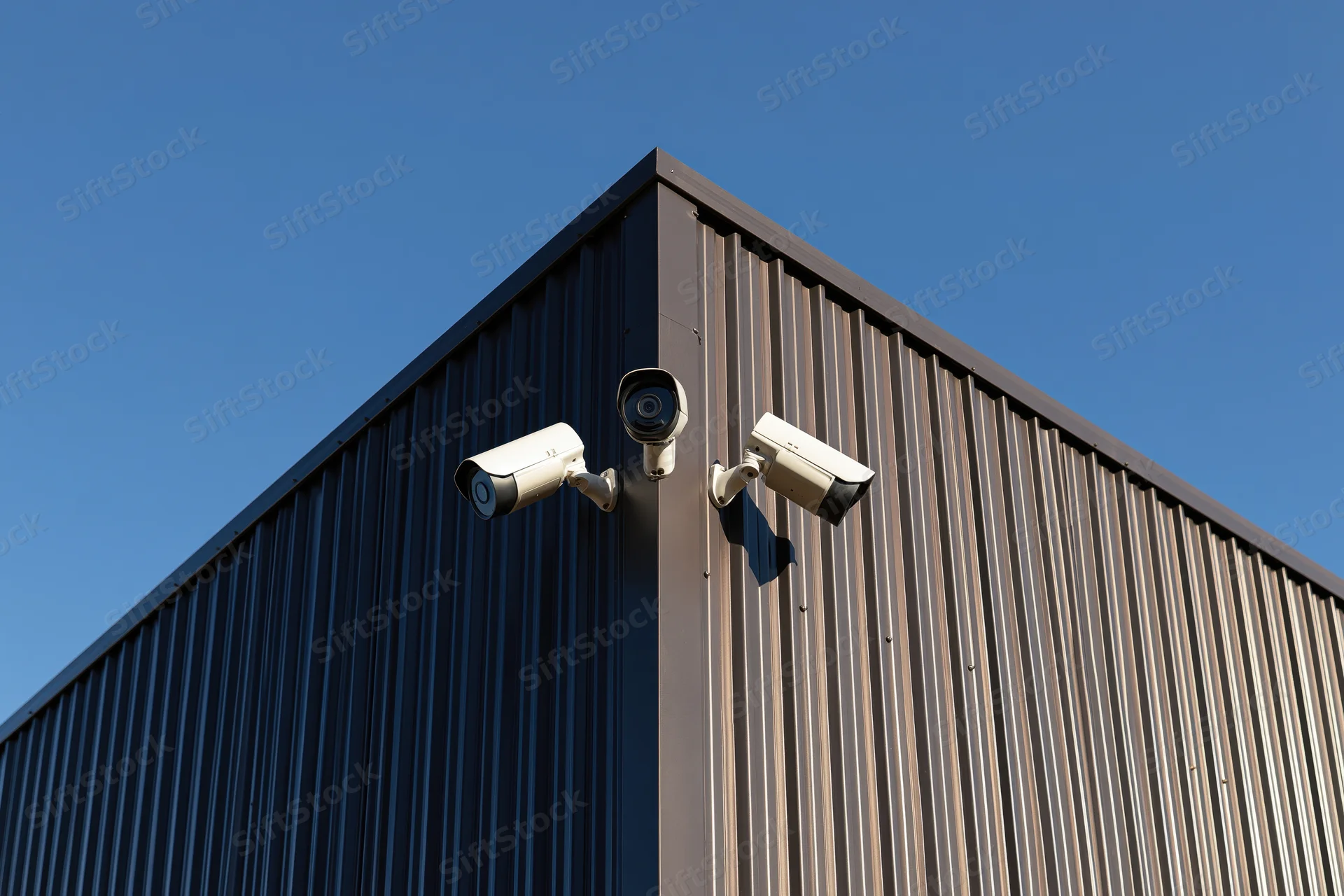 Three white cctv cameras mounted on the corner of a corrugated metal building under a clear blue sky