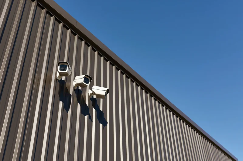 Three white cctv cameras mounted on a corrugated metal building exterior under a clear blue sky