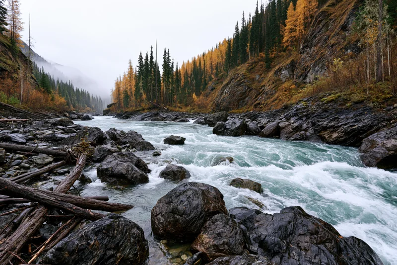 Turquoise glacial river rushing over dark wet boulders through forested mountain valley in autumn