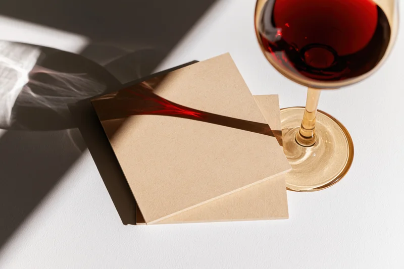 Two blank square cardboard coasters stacked slightly offset on a white surface beside a glass of red wine with shadows cast by overhead light