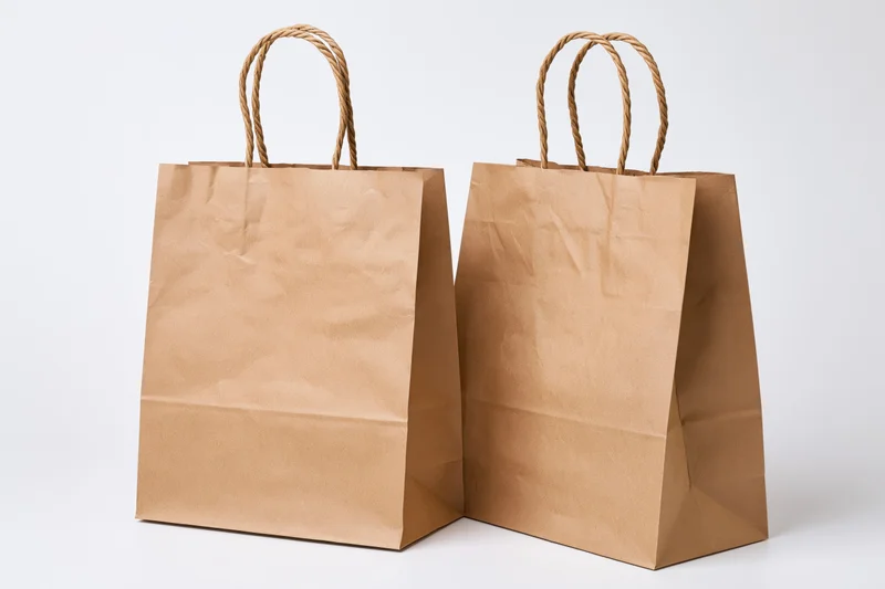 Two brown kraft paper shopping bags standing side by side on white surface