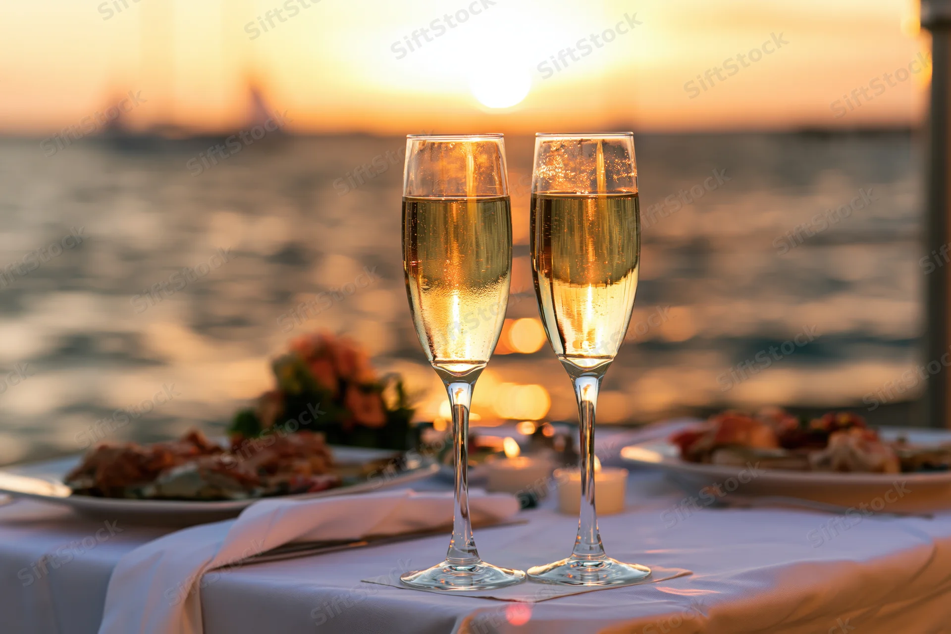 Two champagne flutes on a table set for dinner by the ocean at sunset
