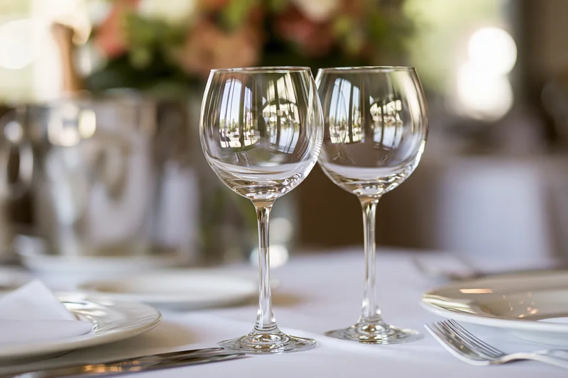 Two empty crystal wine glasses on a formally set dinner table with floral centerpiece