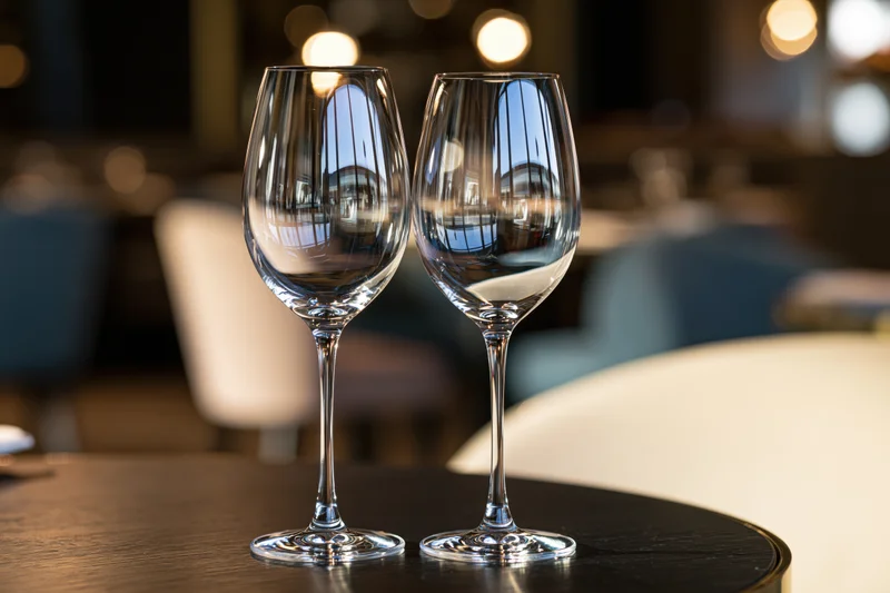 Two empty wine glasses on a dark round table in a restaurant interior
