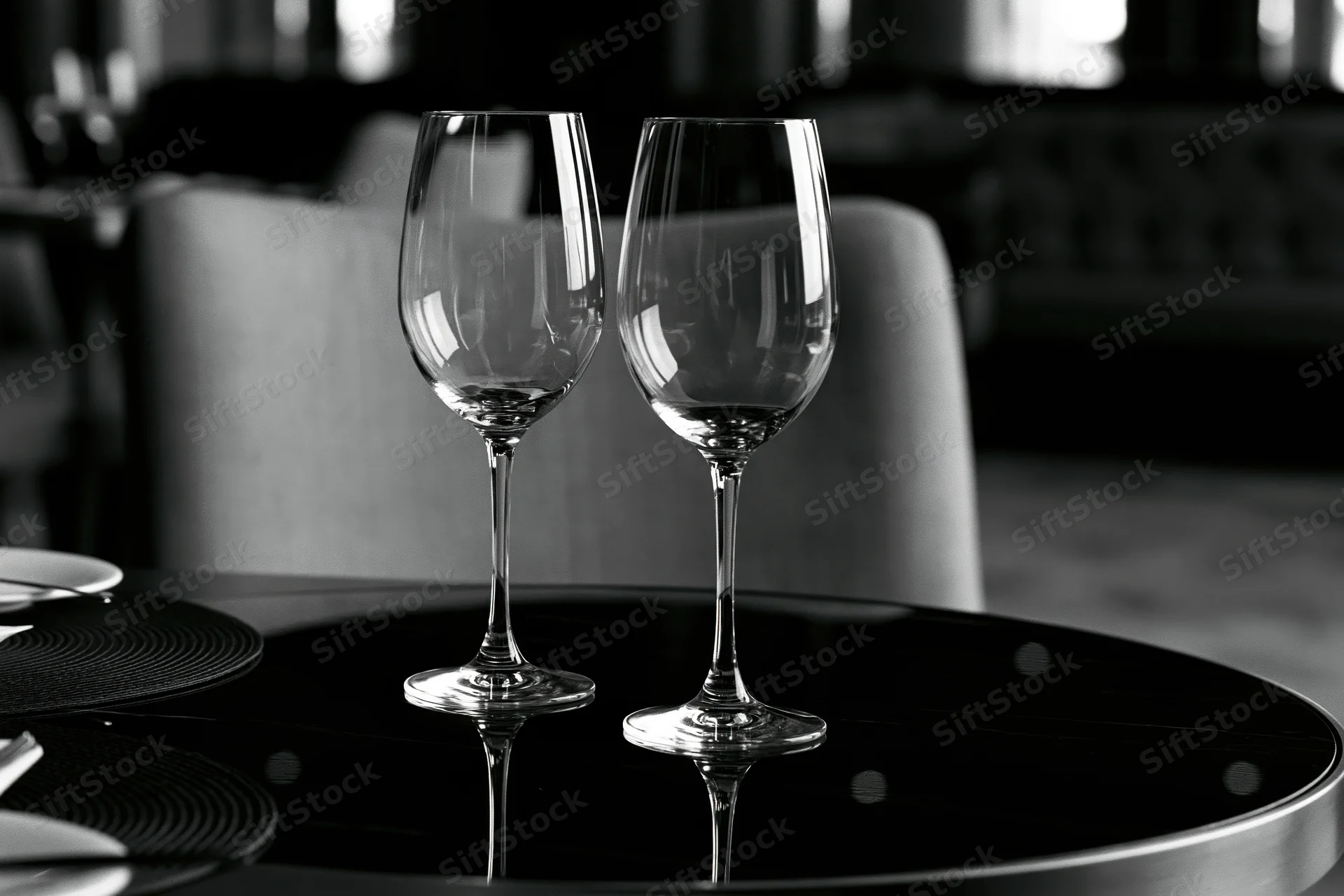 Two empty wine glasses on a glossy black table in a formal restaurant setting