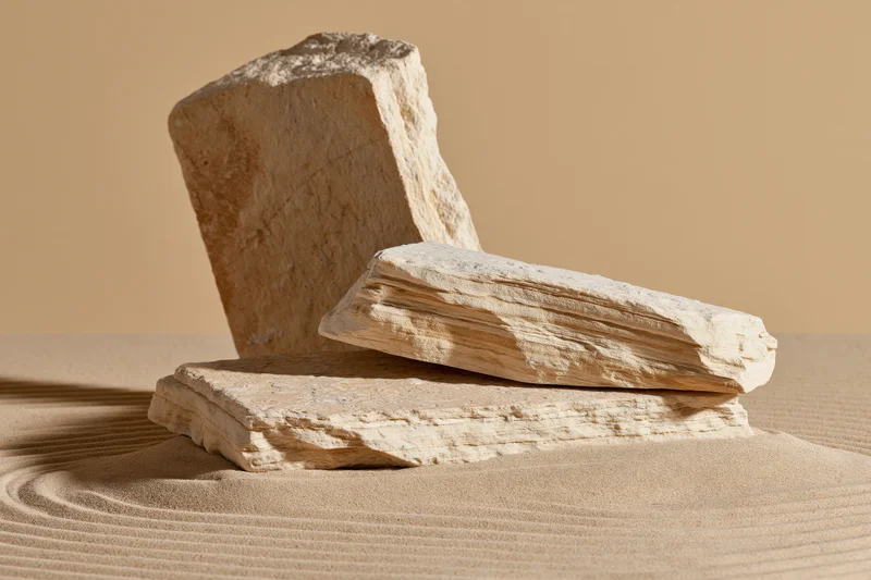 Sandstone slabs arranged as a natural display pedestal on a raked sand surface