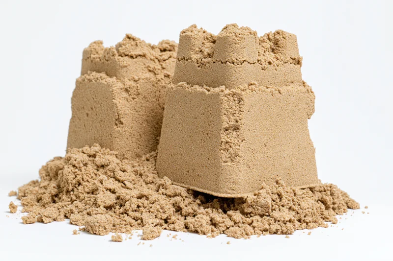 Two handmade sand castles of different heights on a white surface