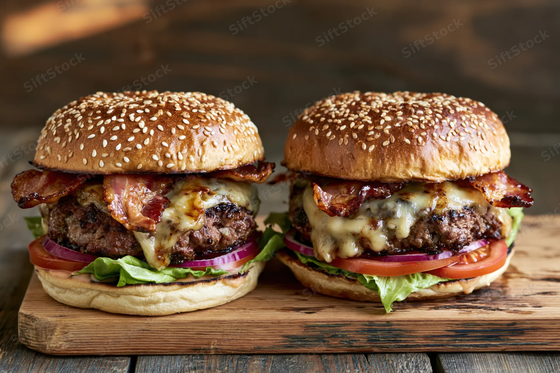 Two loaded beef burgers with cheese bacon lettuce tomato and onion on a wooden cutting board