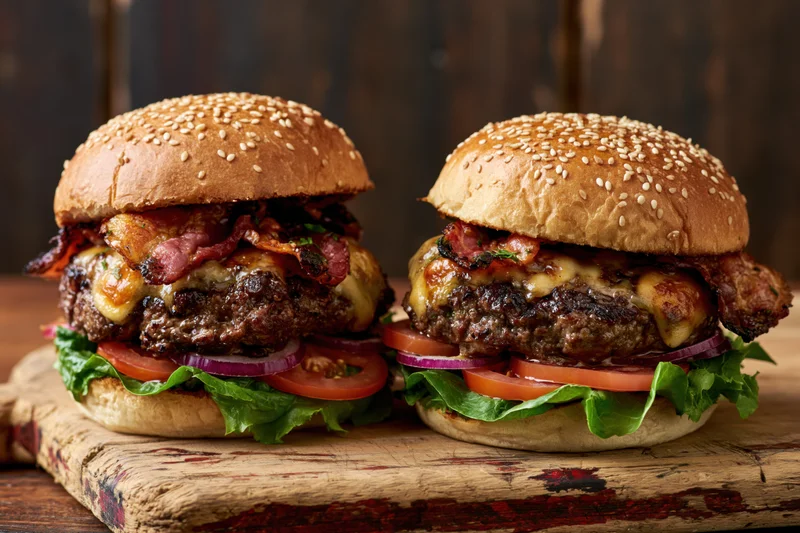 Two loaded beef burgers with cheese bacon lettuce tomato and onion on a worn wooden cutting board
