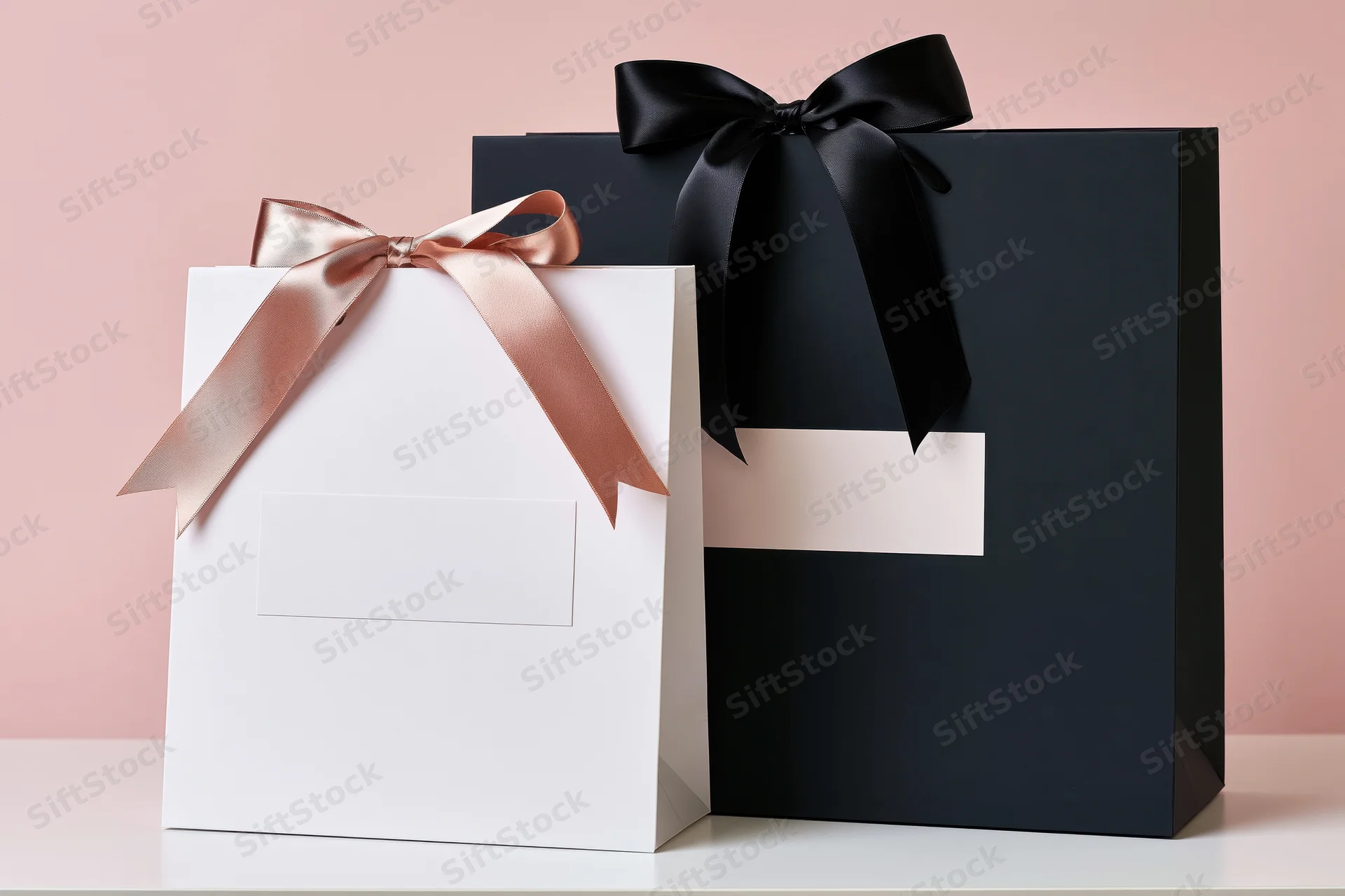 Two luxury paper shopping bags with satin ribbons and blank labels on a white surface