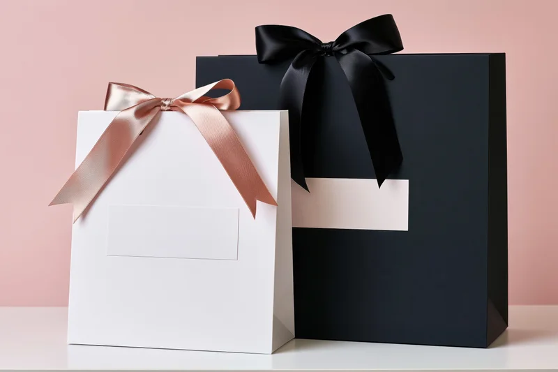 Two luxury paper shopping bags with satin ribbons and blank labels on a white surface