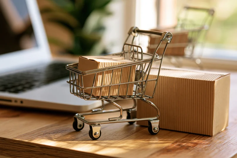Miniature shopping cart with cardboard box on wooden desk beside laptop