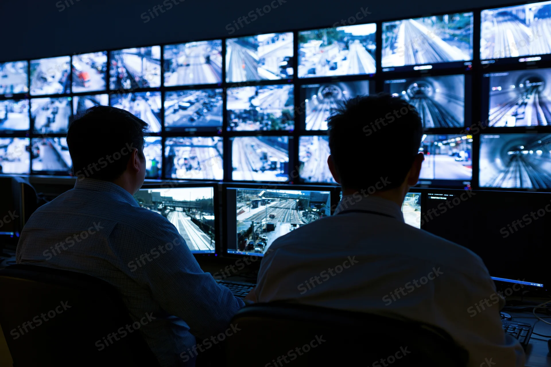 Two operators monitoring traffic and transit systems from behind in a dimly lit control room with multiple screens